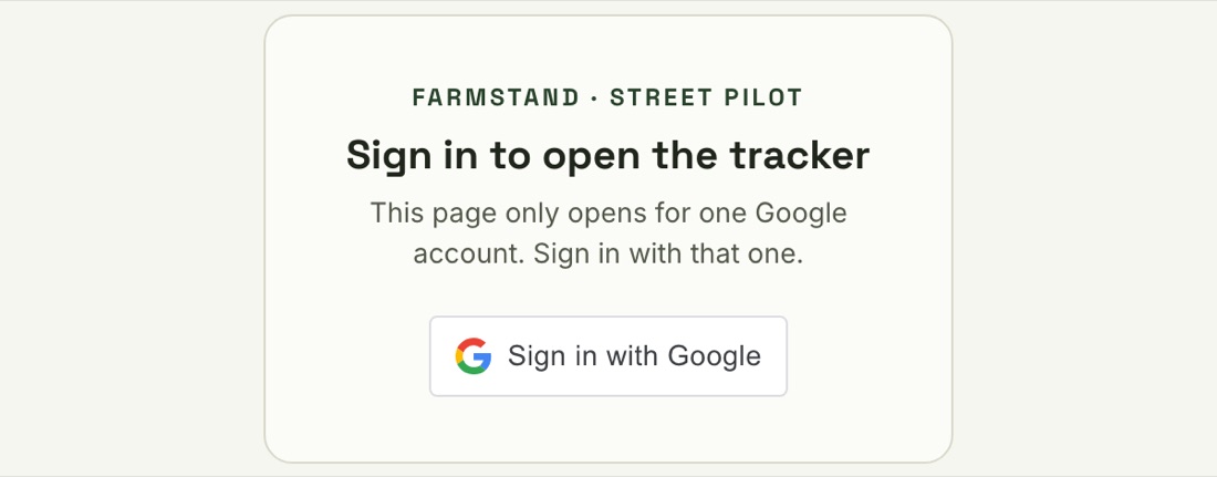 Screenshot of the Farmstand Street Pilot Tracker sign-in